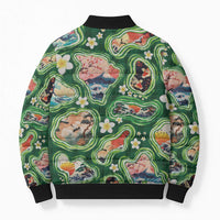Hawaiian and Japanese Culture Together Bomber Puffer Jacket Hawaiian Island Shapes with Japanese Landscape Green Color