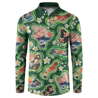 Hawaiian and Japanese Culture Together Button Sweatshirt Hawaiian Island Shapes with Japanese Landscape Green Color