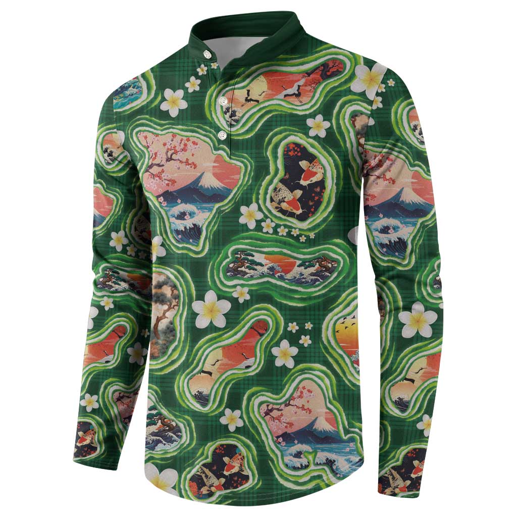 Hawaiian and Japanese Culture Together Button Sweatshirt Hawaiian Island Shapes with Japanese Landscape Green Color
