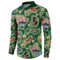 Hawaiian and Japanese Culture Together Button Sweatshirt Hawaiian Island Shapes with Japanese Landscape Green Color