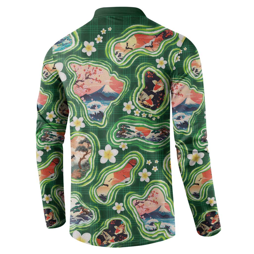 Hawaiian and Japanese Culture Together Button Sweatshirt Hawaiian Island Shapes with Japanese Landscape Green Color