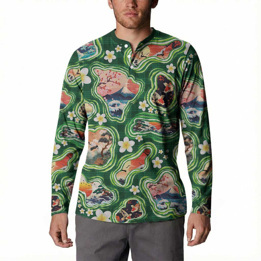 Hawaiian and Japanese Culture Together Button Sweatshirt Hawaiian Island Shapes with Japanese Landscape Green Color