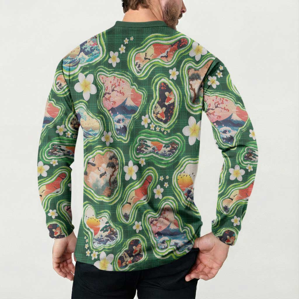Hawaiian and Japanese Culture Together Button Sweatshirt Hawaiian Island Shapes with Japanese Landscape Green Color