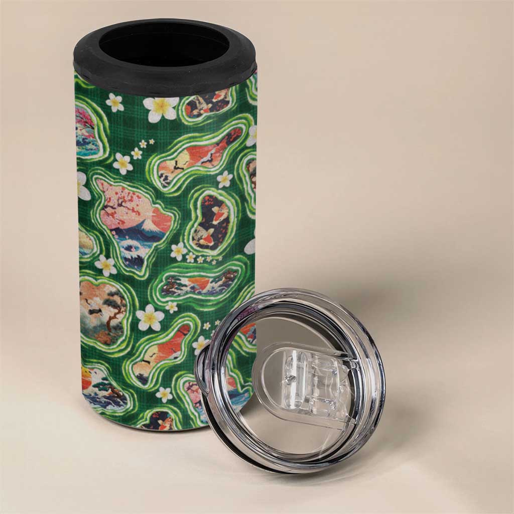 Hawaiian and Japanese Culture Together 4 in 1 Can Cooler Tumbler Hawaiian Island Shapes with Japanese Landscape Green Color