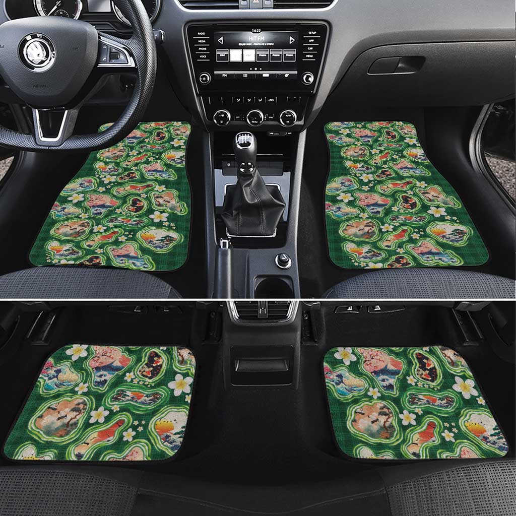 Hawaiian and Japanese Culture Together Car Mats Hawaiian Island Shapes with Japanese Landscape Green Color