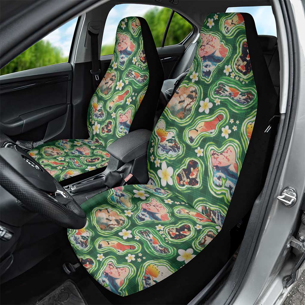 Hawaiian and Japanese Culture Together Car Seat Cover Hawaiian Island Shapes with Japanese Landscape Green Color