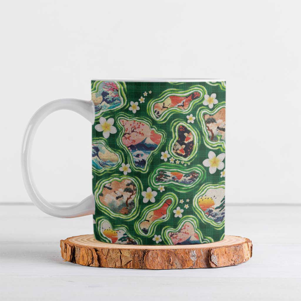 Hawaiian and Japanese Culture Together Ceramic Mug Hawaiian Island Shapes with Japanese Landscape Green Color