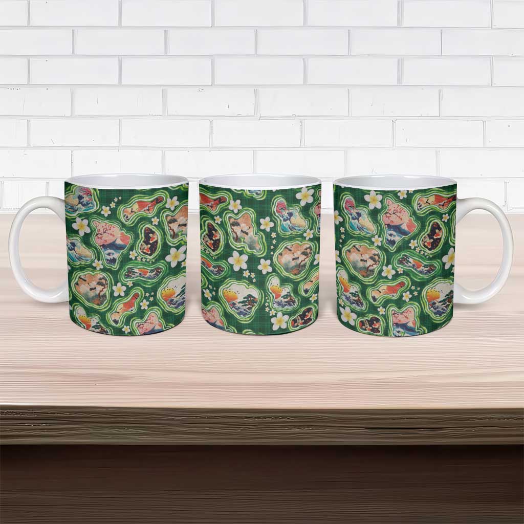 Hawaiian and Japanese Culture Together Ceramic Mug Hawaiian Island Shapes with Japanese Landscape Green Color