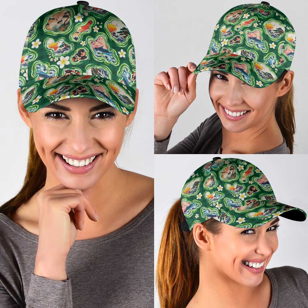 Hawaiian and Japanese Culture Together Classic Cap Hawaiian Island Shapes with Japanese Landscape Green Color