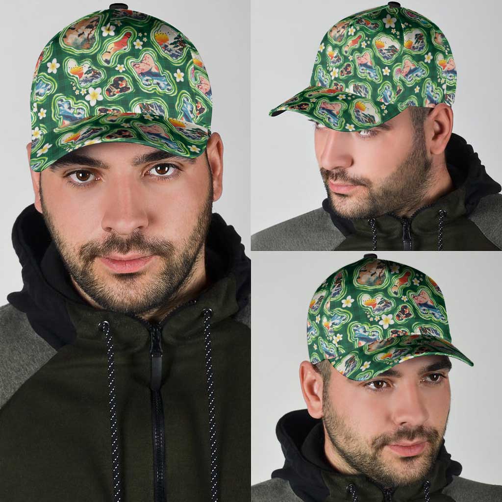 Hawaiian and Japanese Culture Together Classic Cap Hawaiian Island Shapes with Japanese Landscape Green Color