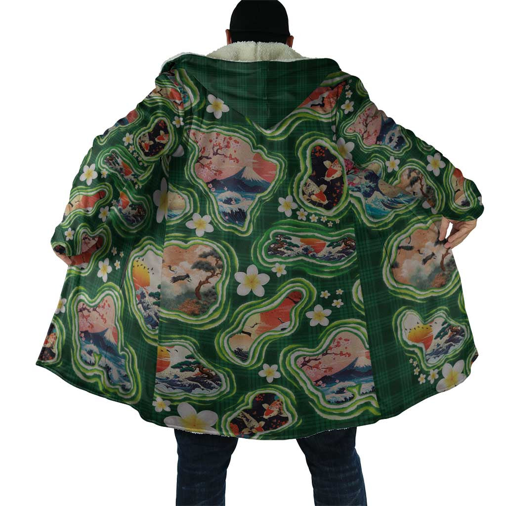 Hawaiian and Japanese Culture Together Cloak Hawaiian Island Shapes with Japanese Landscape Green Color