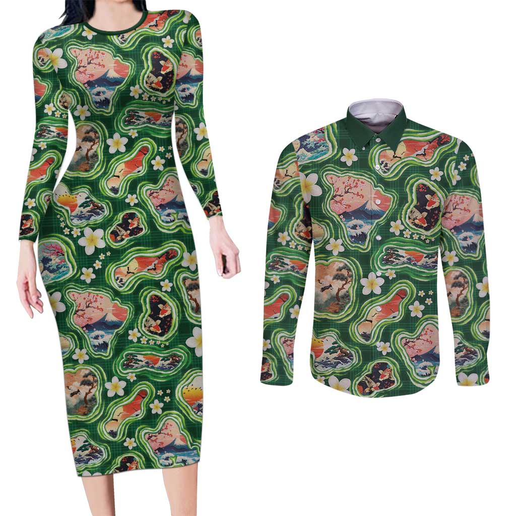 Hawaiian and Japanese Culture Together Couples Matching Long Sleeve Bodycon Dress and Long Sleeve Button Shirt Hawaiian Island Shapes with Japanese Landscape Green Color LT03 Green - Polynesian Pride