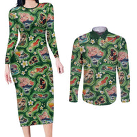 Hawaiian and Japanese Culture Together Couples Matching Long Sleeve Bodycon Dress and Long Sleeve Button Shirt Hawaiian Island Shapes with Japanese Landscape Green Color LT03 Green - Polynesian Pride