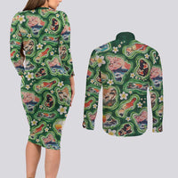 Hawaiian and Japanese Culture Together Couples Matching Long Sleeve Bodycon Dress and Long Sleeve Button Shirt Hawaiian Island Shapes with Japanese Landscape Green Color LT03 - Polynesian Pride