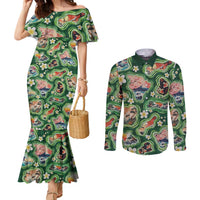 Hawaiian and Japanese Culture Together Couples Matching Mermaid Dress and Long Sleeve Button Shirt Hawaiian Island Shapes with Japanese Landscape Green Color LT03 Green - Polynesian Pride