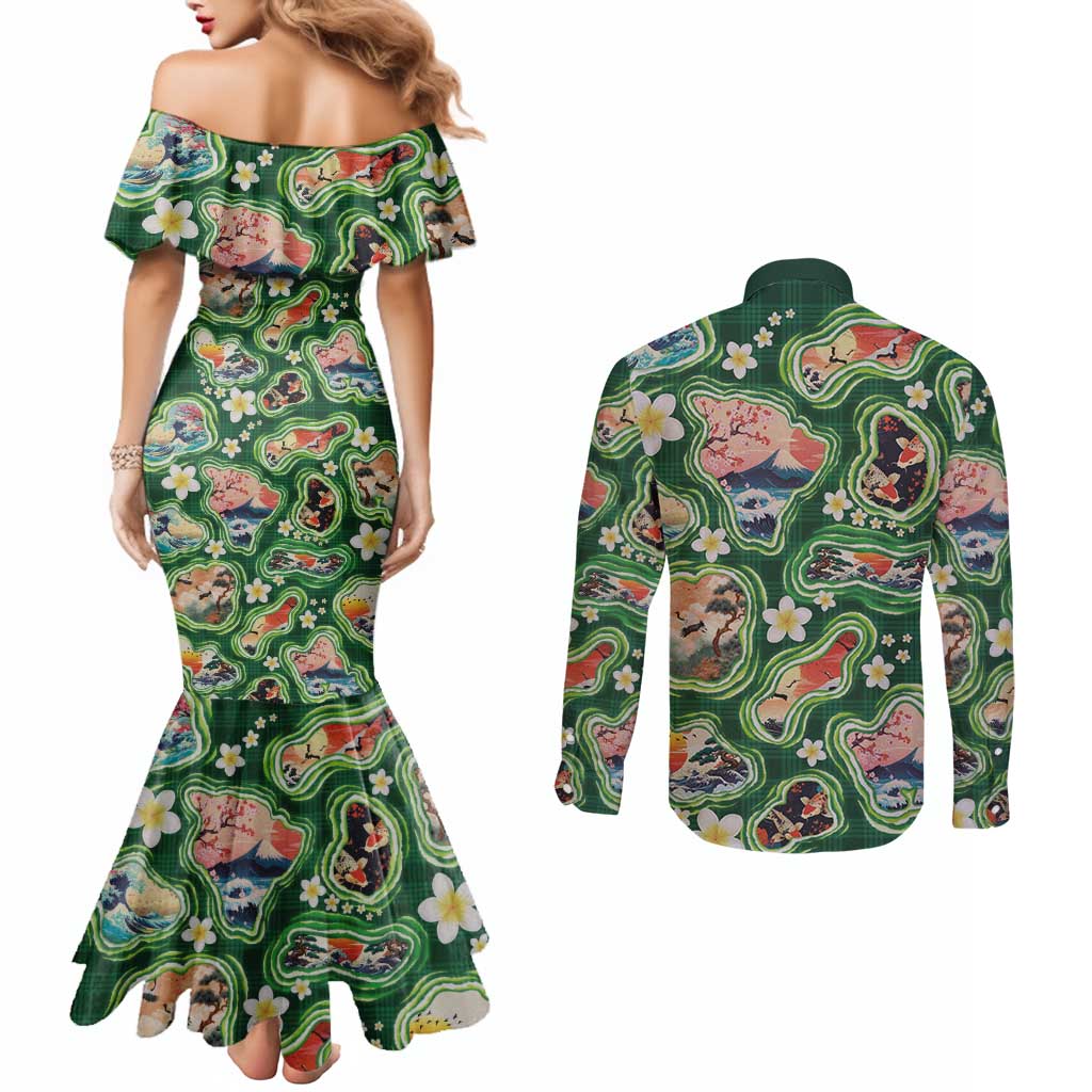 Hawaiian and Japanese Culture Together Couples Matching Mermaid Dress and Long Sleeve Button Shirt Hawaiian Island Shapes with Japanese Landscape Green Color LT03 - Polynesian Pride