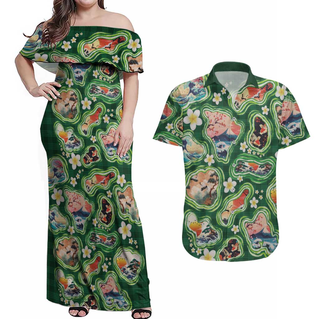 Hawaiian and Japanese Culture Together Couples Matching Off Shoulder Maxi Dress and Hawaiian Shirt Hawaiian Island Shapes with Japanese Landscape Green Color LT03 Green - Polynesian Pride