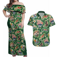 Hawaiian and Japanese Culture Together Couples Matching Off Shoulder Maxi Dress and Hawaiian Shirt Hawaiian Island Shapes with Japanese Landscape Green Color LT03 Green - Polynesian Pride