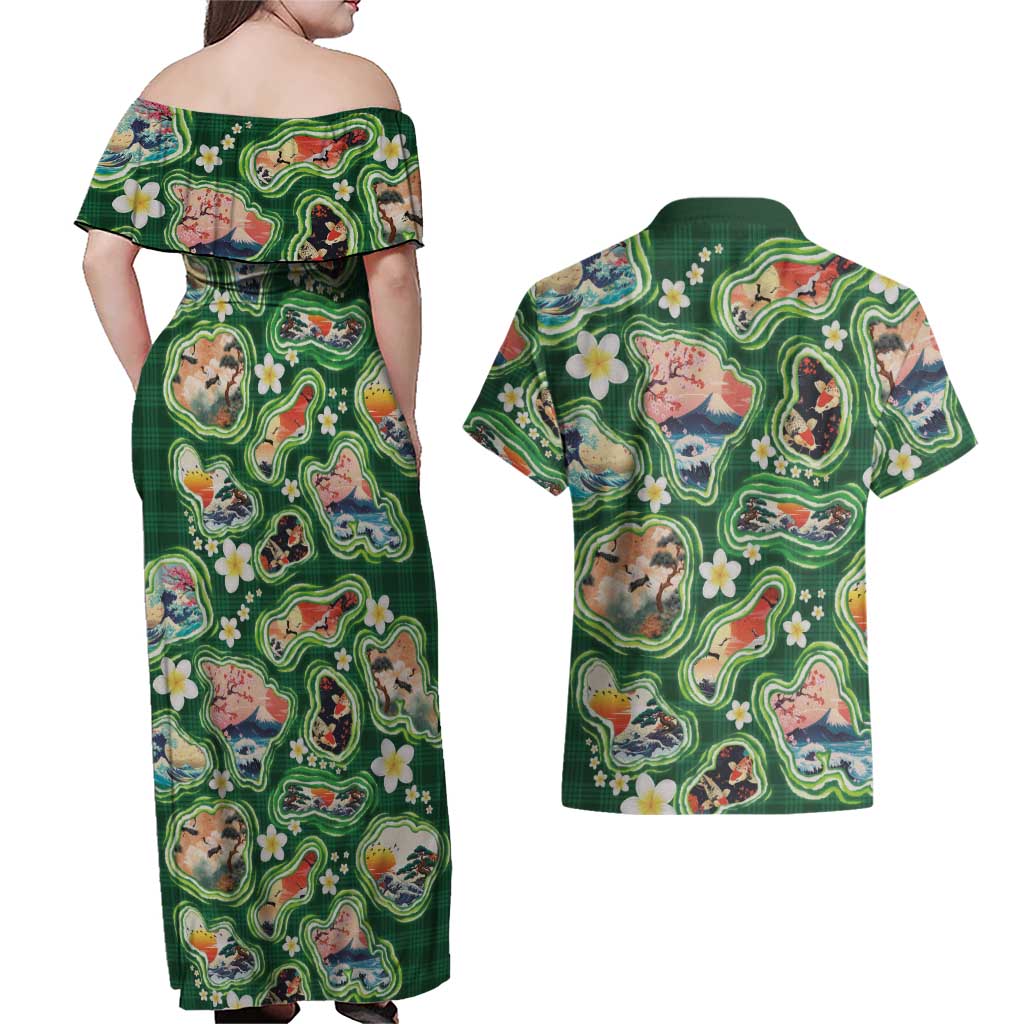 Hawaiian and Japanese Culture Together Couples Matching Off Shoulder Maxi Dress and Hawaiian Shirt Hawaiian Island Shapes with Japanese Landscape Green Color LT03 - Polynesian Pride