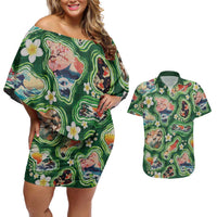 Hawaiian and Japanese Culture Together Couples Matching Off Shoulder Short Dress and Hawaiian Shirt Hawaiian Island Shapes with Japanese Landscape Green Color LT03 Green - Polynesian Pride
