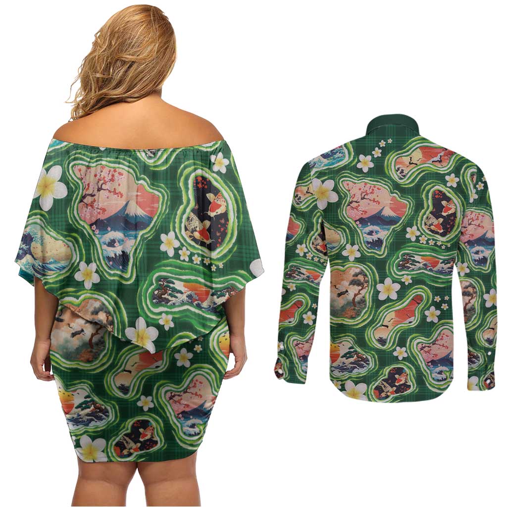 Hawaiian and Japanese Culture Together Couples Matching Off Shoulder Short Dress and Long Sleeve Button Shirt Hawaiian Island Shapes with Japanese Landscape Green Color