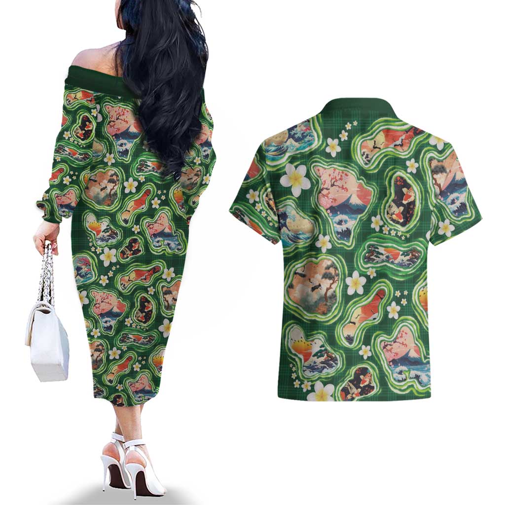 Hawaiian and Japanese Culture Together Couples Matching Off The Shoulder Long Sleeve Dress and Hawaiian Shirt Hawaiian Island Shapes with Japanese Landscape Green Color