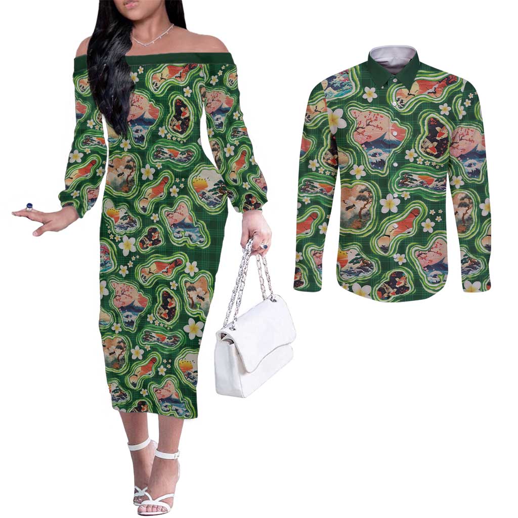 Hawaiian and Japanese Culture Together Couples Matching Off The Shoulder Long Sleeve Dress and Long Sleeve Button Shirt Hawaiian Island Shapes with Japanese Landscape Green Color