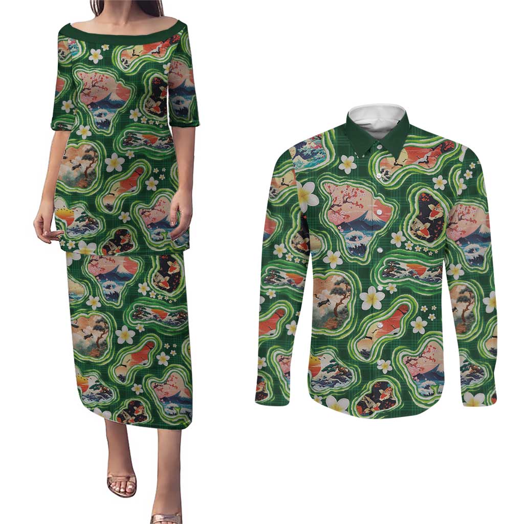 Hawaiian and Japanese Culture Together Couples Matching Puletasi and Long Sleeve Button Shirt Hawaiian Island Shapes with Japanese Landscape Green Color LT03 Green - Polynesian Pride