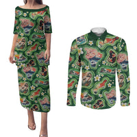 Hawaiian and Japanese Culture Together Couples Matching Puletasi and Long Sleeve Button Shirt Hawaiian Island Shapes with Japanese Landscape Green Color LT03 Green - Polynesian Pride