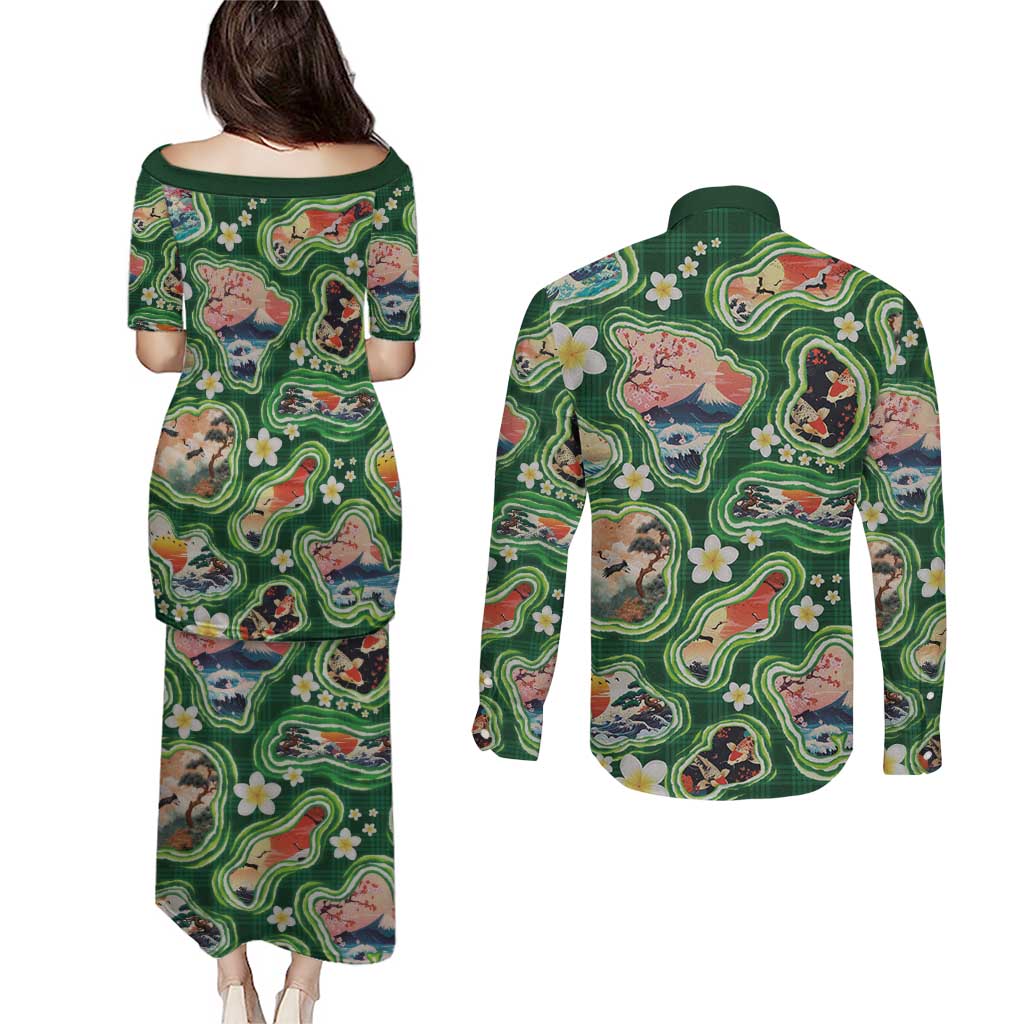 Hawaiian and Japanese Culture Together Couples Matching Puletasi and Long Sleeve Button Shirt Hawaiian Island Shapes with Japanese Landscape Green Color LT03 - Polynesian Pride