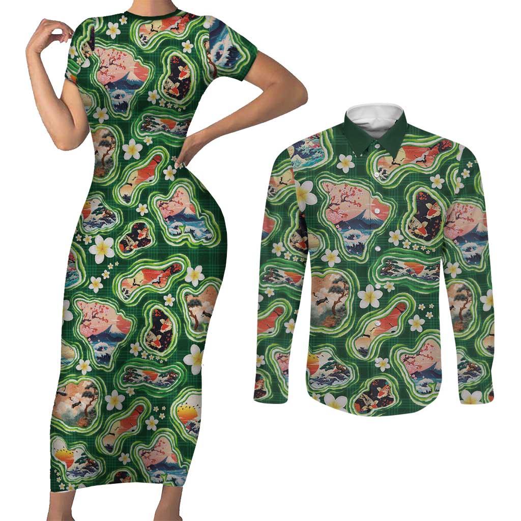 Hawaiian and Japanese Culture Together Couples Matching Short Sleeve Bodycon Dress and Long Sleeve Button Shirt Hawaiian Island Shapes with Japanese Landscape Green Color LT03 Green - Polynesian Pride