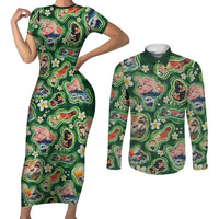 Hawaiian and Japanese Culture Together Couples Matching Short Sleeve Bodycon Dress and Long Sleeve Button Shirt Hawaiian Island Shapes with Japanese Landscape Green Color LT03 Green - Polynesian Pride