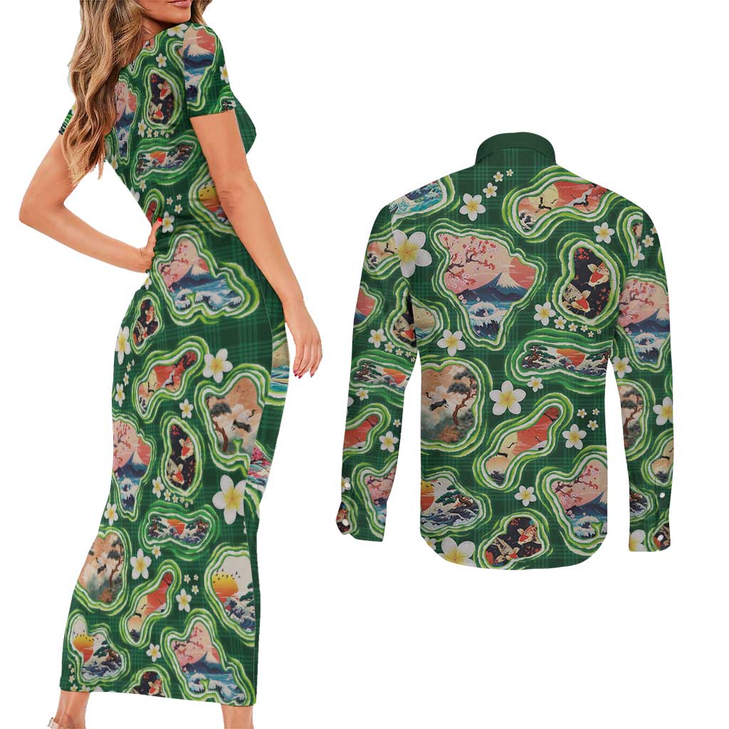 Hawaiian and Japanese Culture Together Couples Matching Short Sleeve Bodycon Dress and Long Sleeve Button Shirt Hawaiian Island Shapes with Japanese Landscape Green Color LT03 - Polynesian Pride