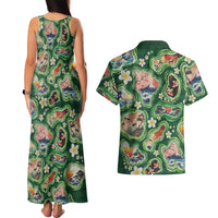 Hawaiian and Japanese Culture Together Couples Matching Tank Maxi Dress and Hawaiian Shirt Hawaiian Island Shapes with Japanese Landscape Green Color