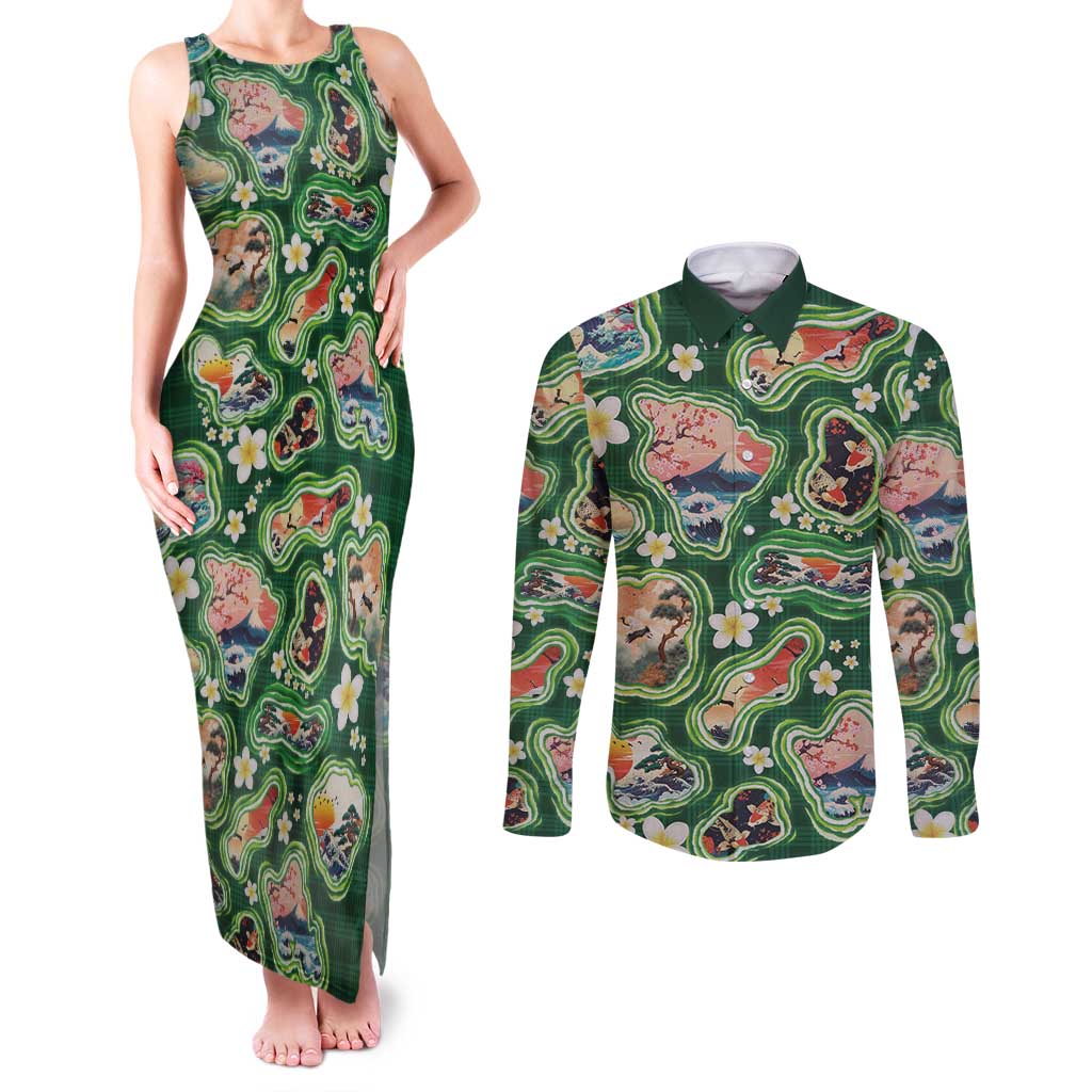 Hawaiian and Japanese Culture Together Couples Matching Tank Maxi Dress and Long Sleeve Button Shirt Hawaiian Island Shapes with Japanese Landscape Green Color