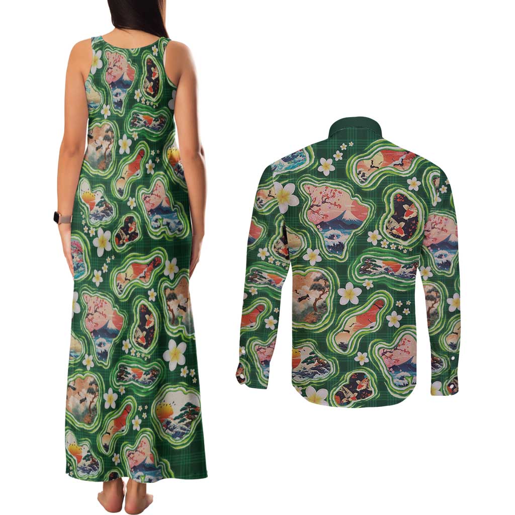 Hawaiian and Japanese Culture Together Couples Matching Tank Maxi Dress and Long Sleeve Button Shirt Hawaiian Island Shapes with Japanese Landscape Green Color