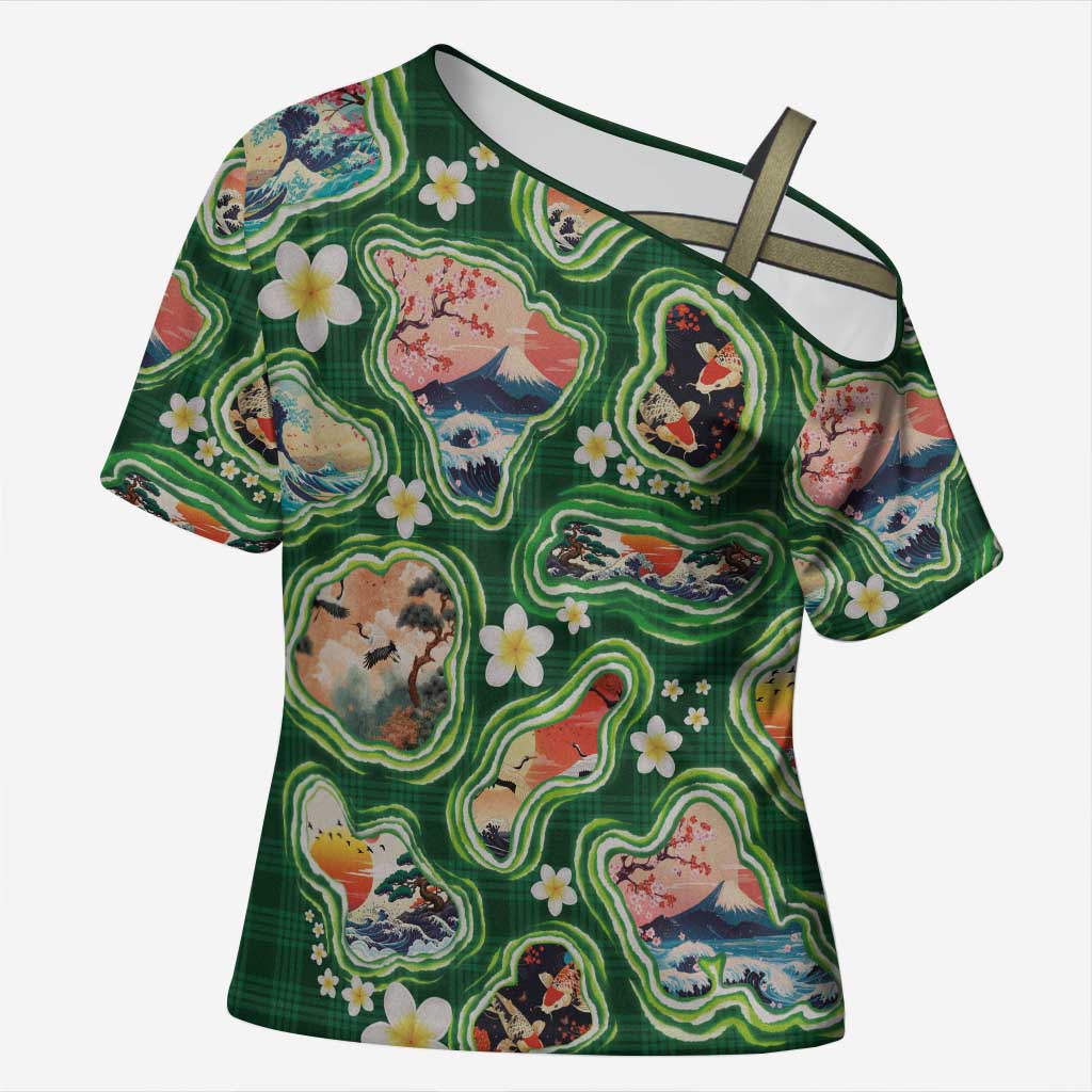 Hawaiian and Japanese Culture Together Cross Shoulder Shirt Hawaiian Island Shapes with Japanese Landscape Green Color