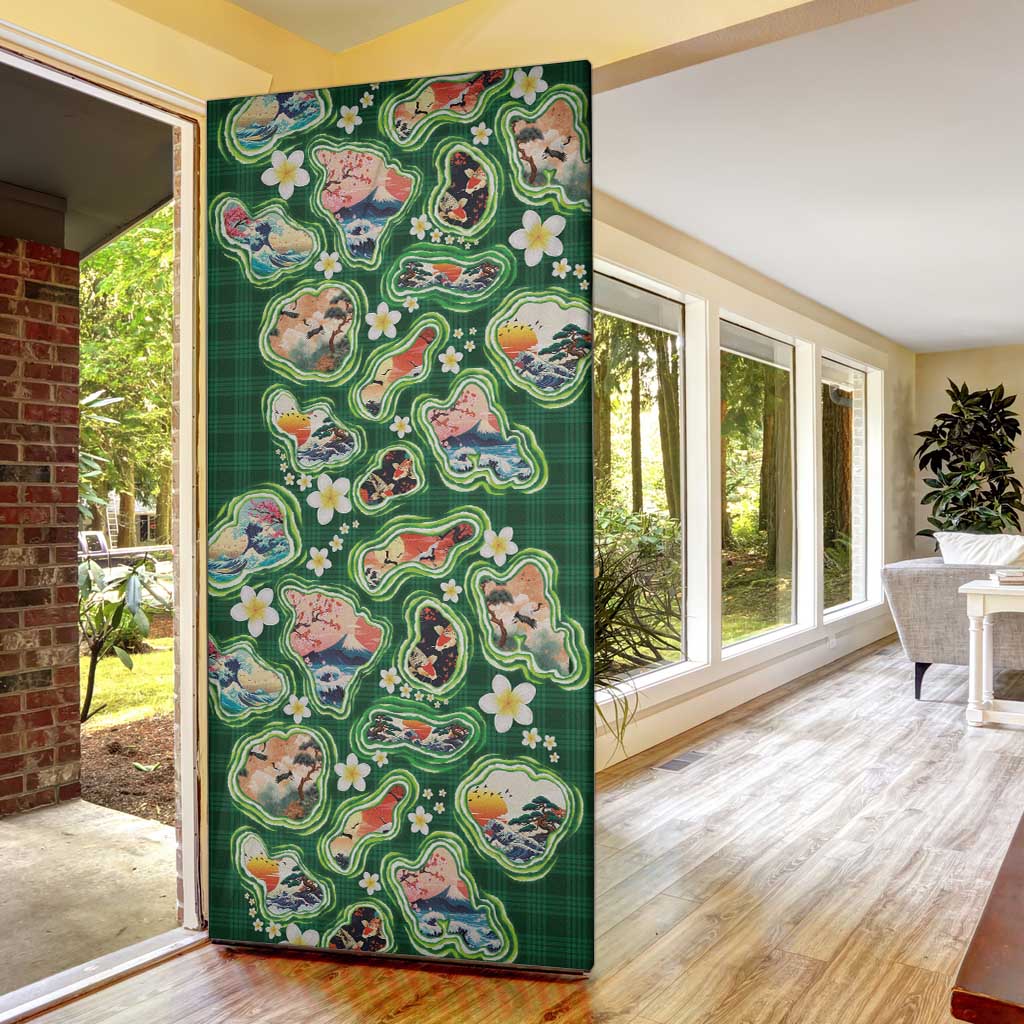 Hawaiian and Japanese Culture Together Door Cover Hawaiian Island Shapes with Japanese Landscape Green Color