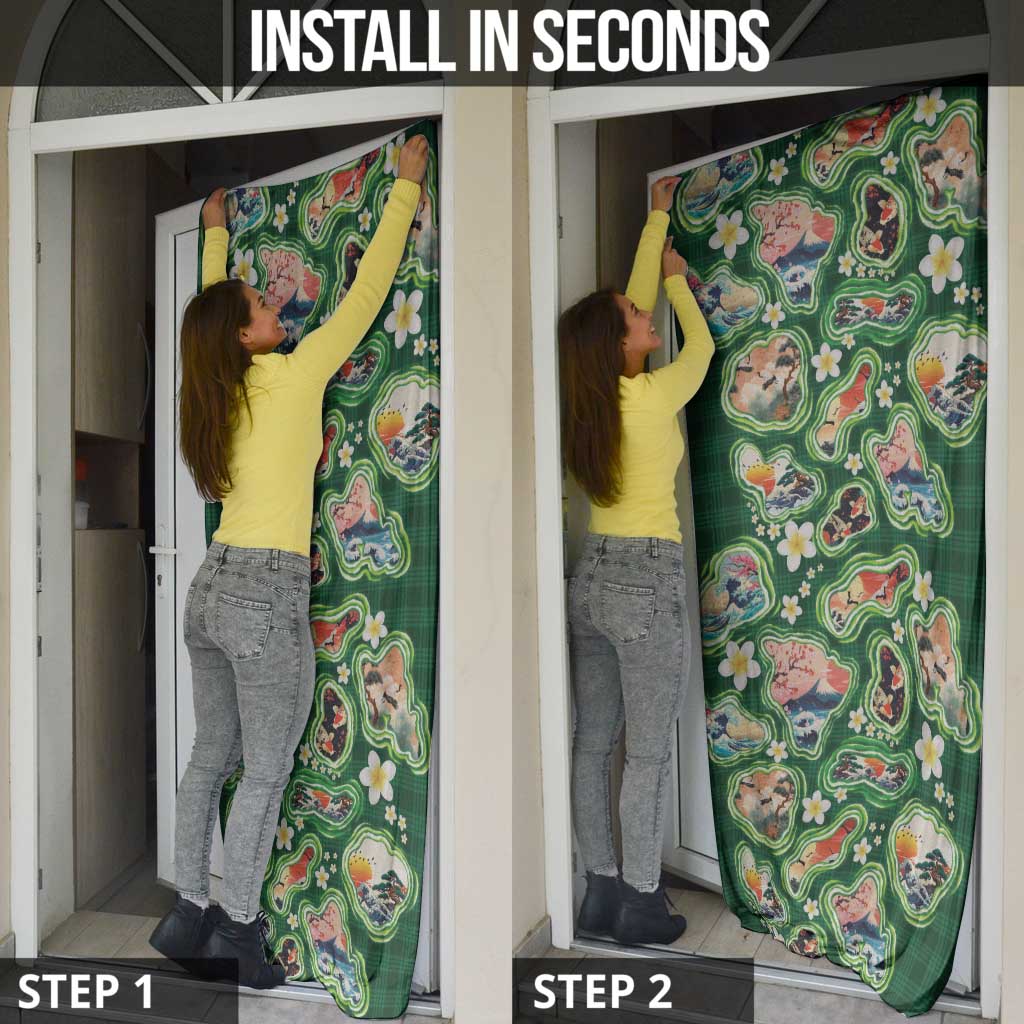 Hawaiian and Japanese Culture Together Door Cover Hawaiian Island Shapes with Japanese Landscape Green Color