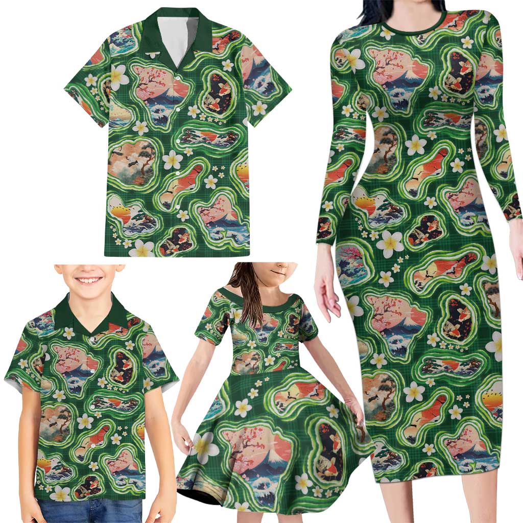 Hawaiian and Japanese Culture Together Family Matching Long Sleeve Bodycon Dress and Hawaiian Shirt Hawaiian Island Shapes with Japanese Landscape Green Color
