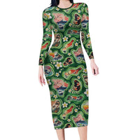 Hawaiian and Japanese Culture Together Family Matching Long Sleeve Bodycon Dress and Hawaiian Shirt Hawaiian Island Shapes with Japanese Landscape Green Color