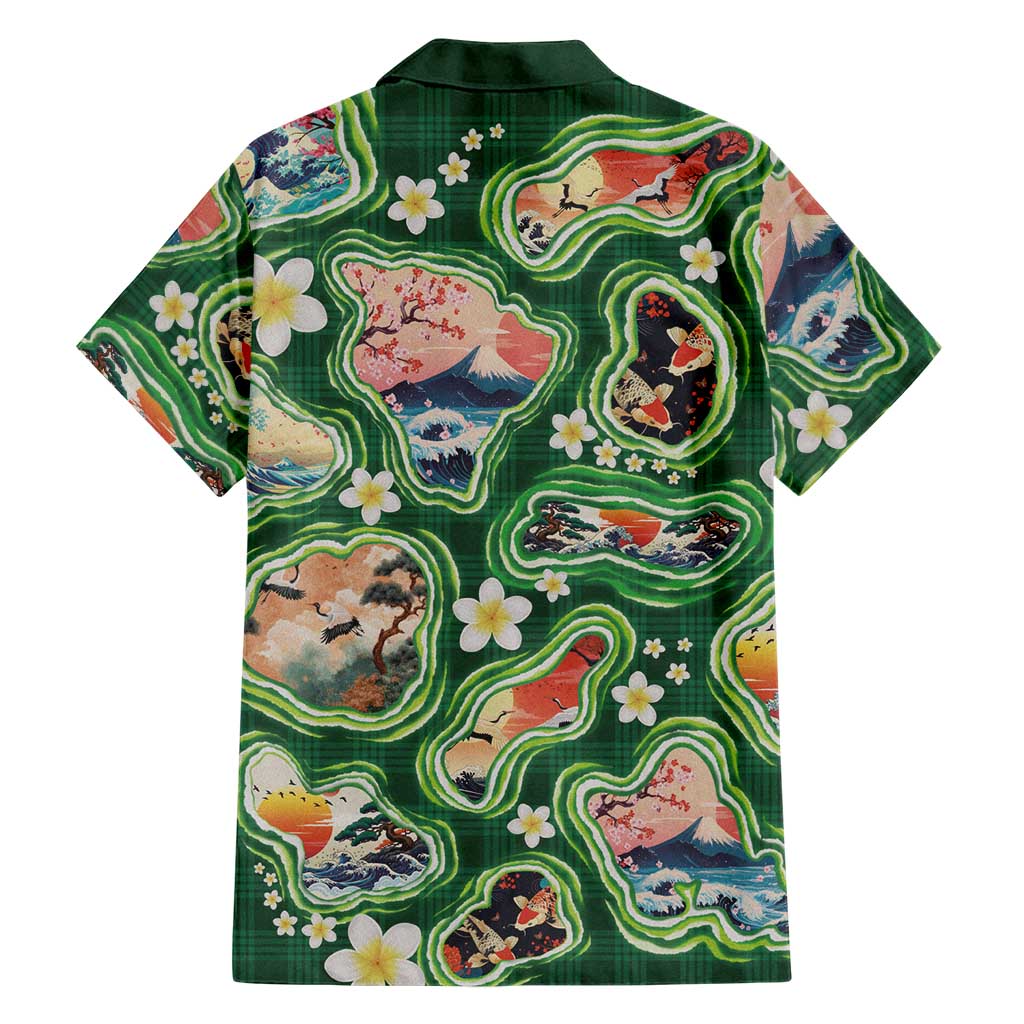 Hawaiian and Japanese Culture Together Family Matching Mermaid Dress and Hawaiian Shirt Hawaiian Island Shapes with Japanese Landscape Green Color