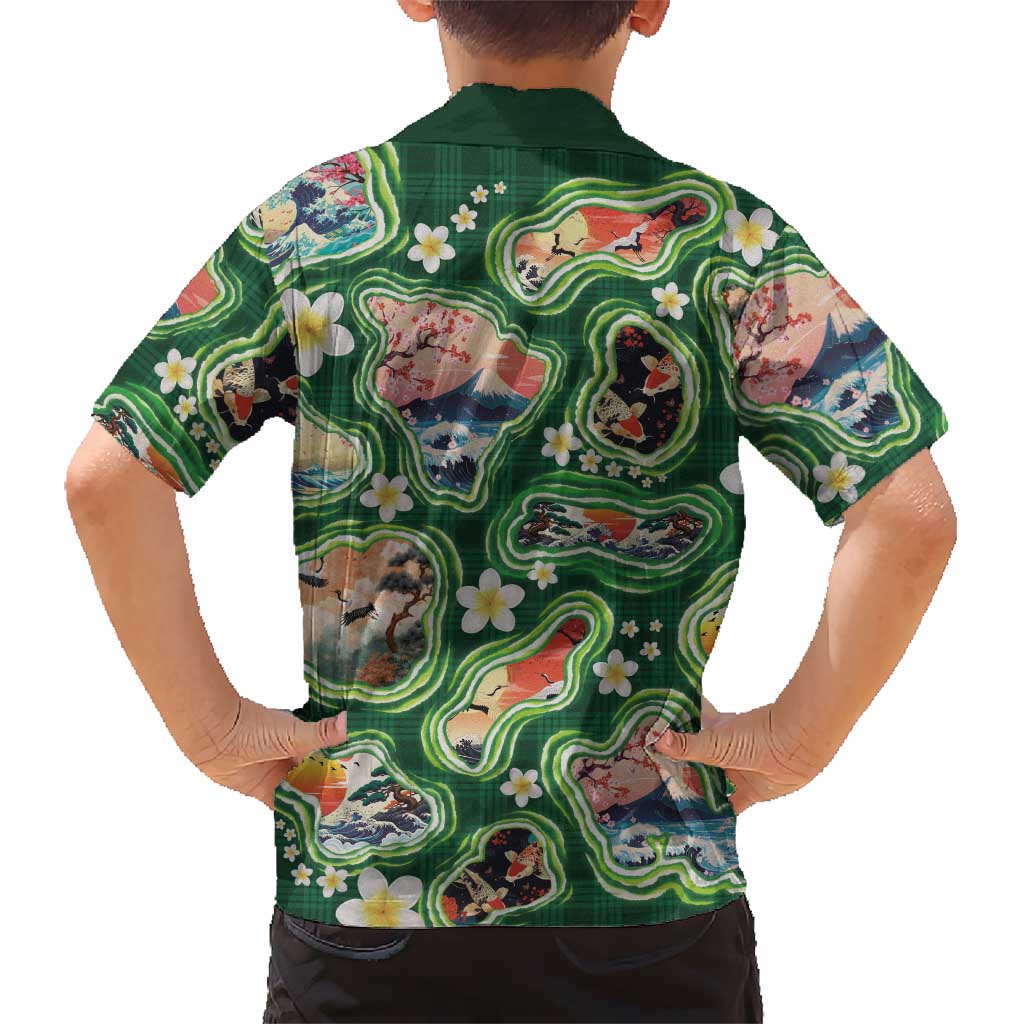 Hawaiian and Japanese Culture Together Family Matching Off Shoulder Maxi Dress and Hawaiian Shirt Hawaiian Island Shapes with Japanese Landscape Green Color