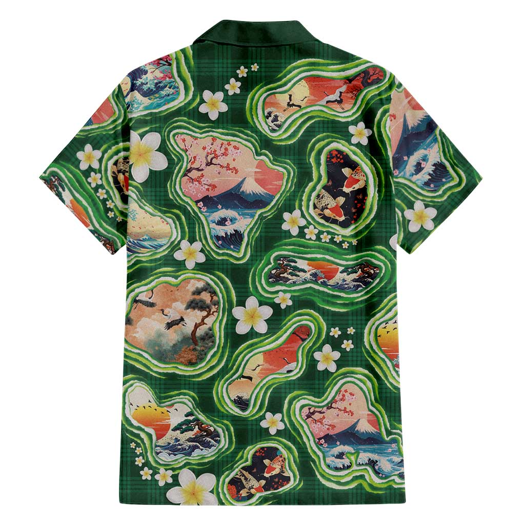 Hawaiian and Japanese Culture Together Family Matching Off Shoulder Maxi Dress and Hawaiian Shirt Hawaiian Island Shapes with Japanese Landscape Green Color