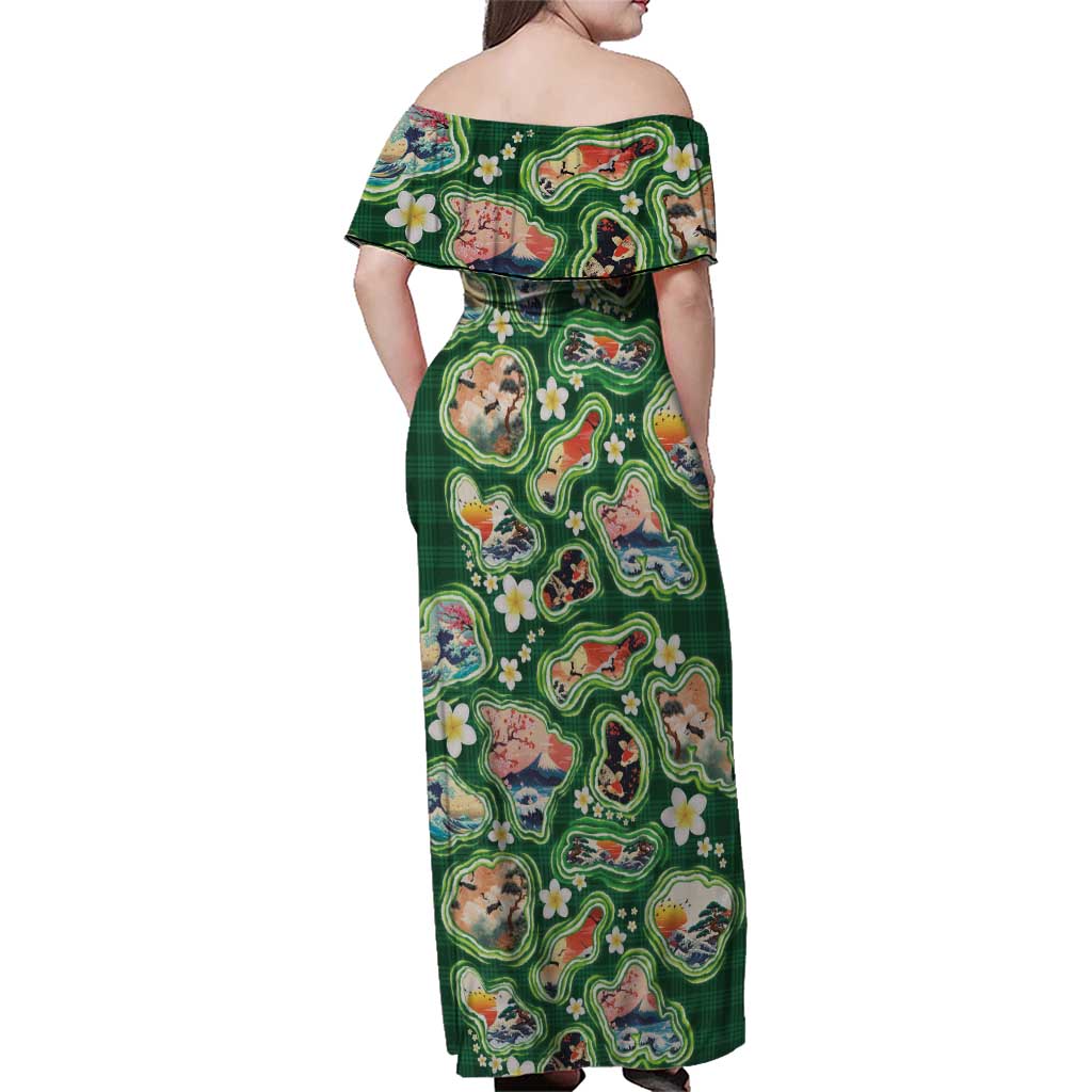 Hawaiian and Japanese Culture Together Family Matching Off Shoulder Maxi Dress and Hawaiian Shirt Hawaiian Island Shapes with Japanese Landscape Green Color