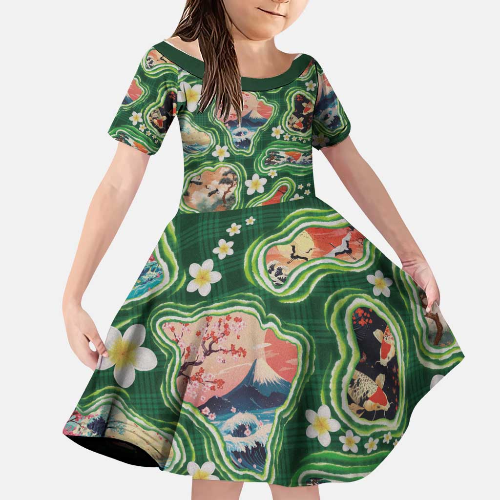 Hawaiian and Japanese Culture Together Family Matching Puletasi and Hawaiian Shirt Hawaiian Island Shapes with Japanese Landscape Green Color