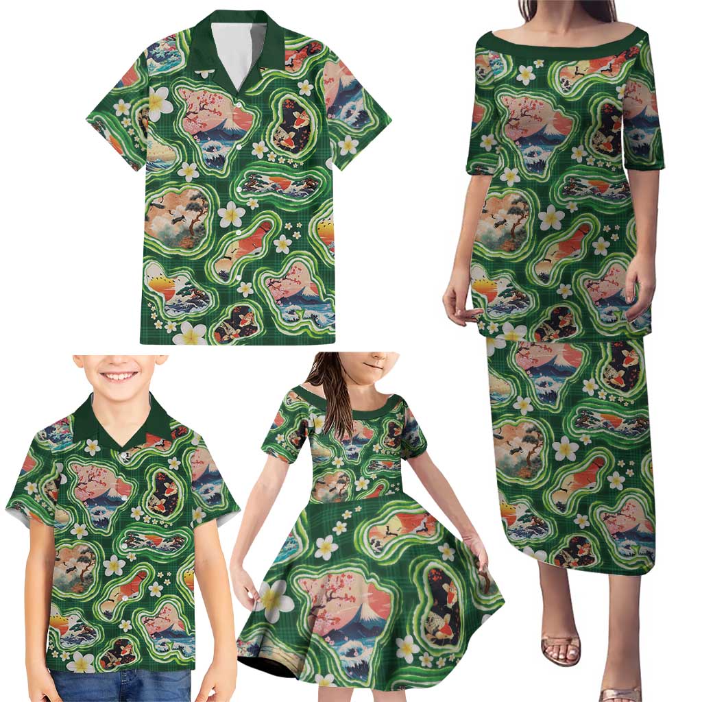 Hawaiian and Japanese Culture Together Family Matching Puletasi and Hawaiian Shirt Hawaiian Island Shapes with Japanese Landscape Green Color