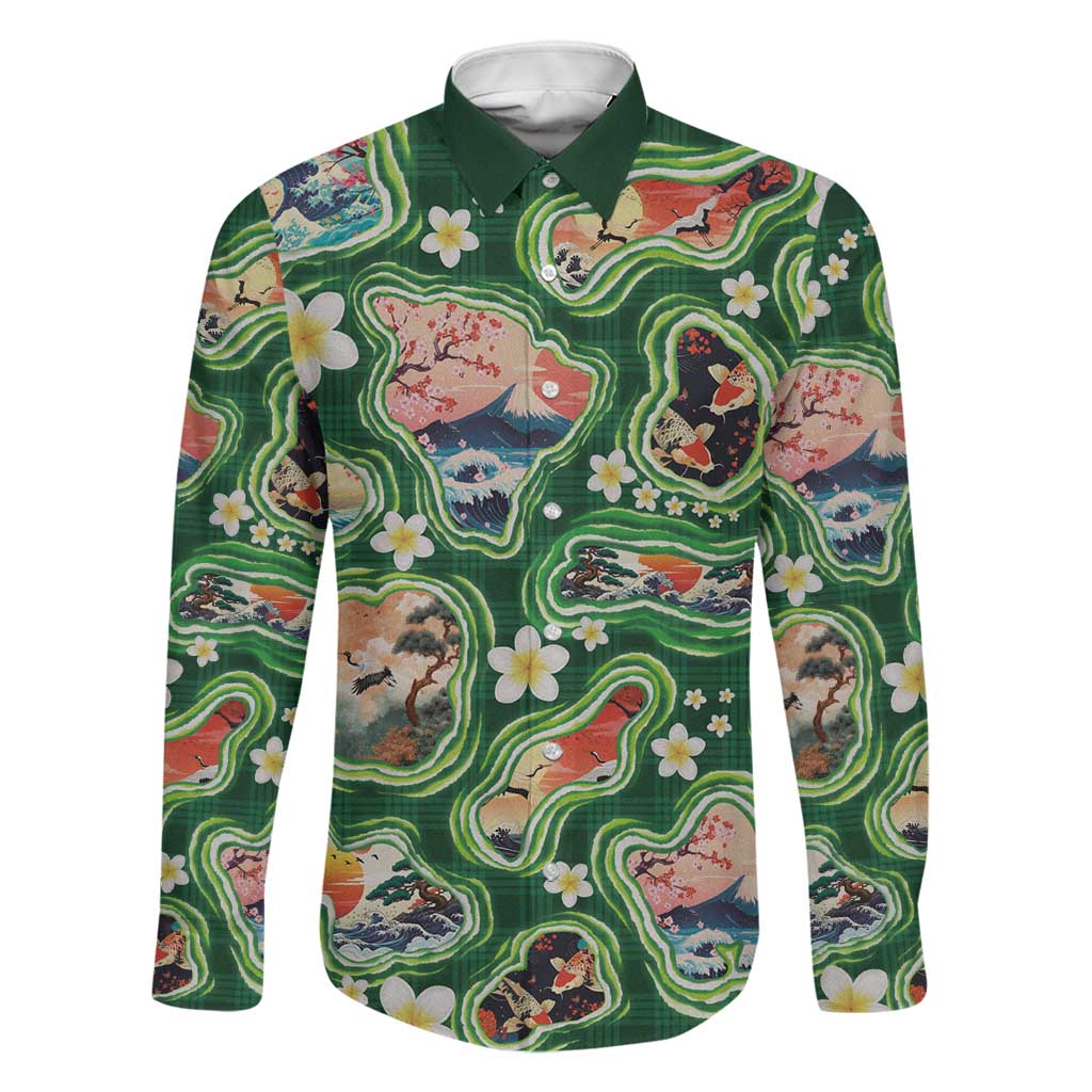 Hawaiian and Japanese Culture Together Family Matching Puletasi and Hawaiian Shirt Hawaiian Island Shapes with Japanese Landscape Green Color