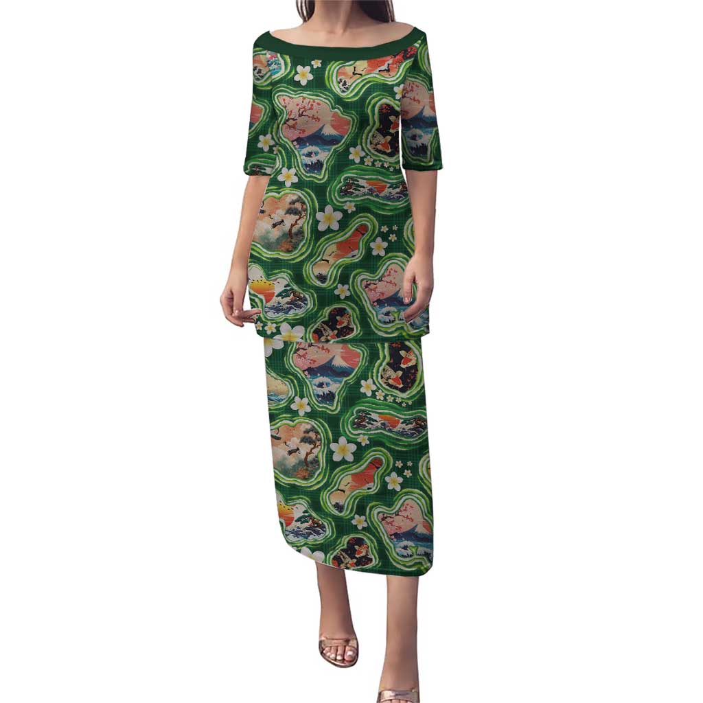Hawaiian and Japanese Culture Together Family Matching Puletasi and Hawaiian Shirt Hawaiian Island Shapes with Japanese Landscape Green Color