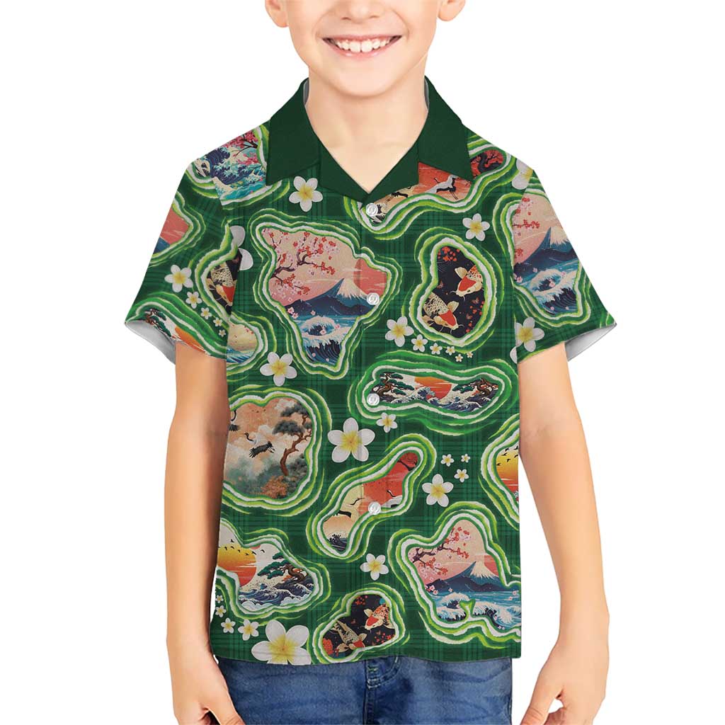 Hawaiian and Japanese Culture Together Family Matching Puletasi and Hawaiian Shirt Hawaiian Island Shapes with Japanese Landscape Green Color